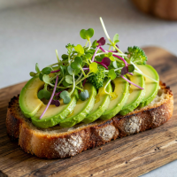 A colorful slice of avocado toast with microgreens on artisan bread