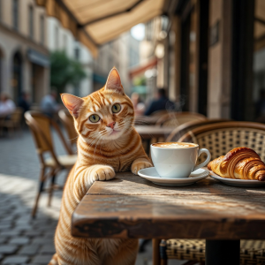 A curious orange tabby cat peering over a café table