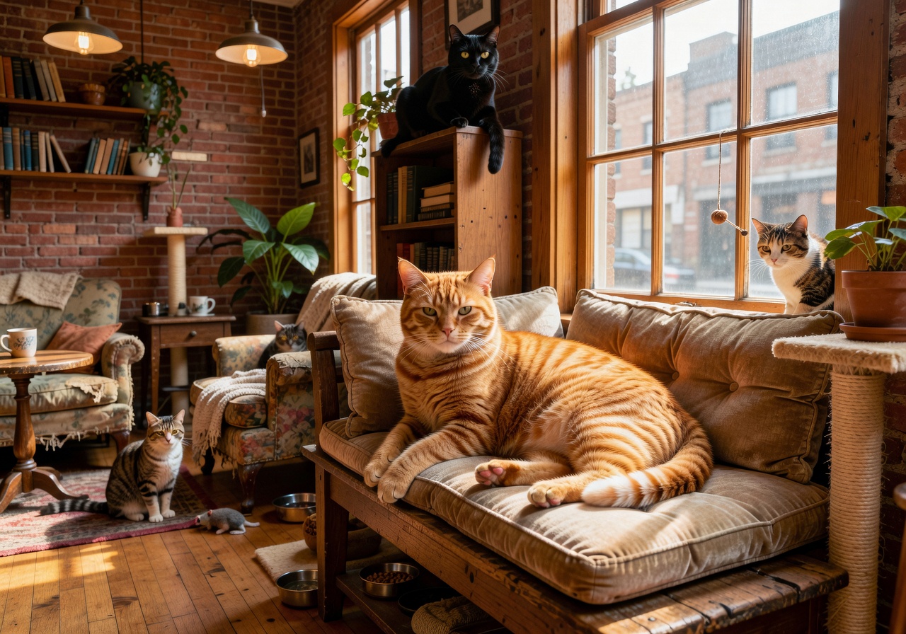 A friendly orange tabby cat lounging in the cozy interior of Urban Cat Café