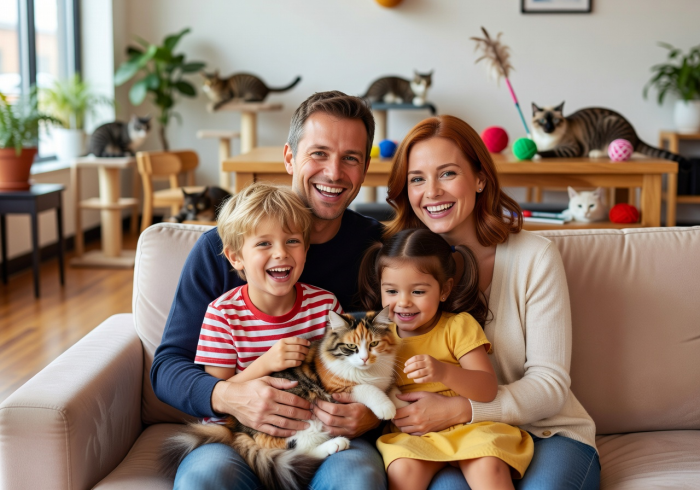 A happy family holding their newly adopted cat from Urban Cat Café