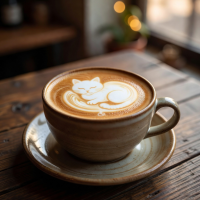 A perfectly poured latte with cat-shaped latte art in a ceramic cup