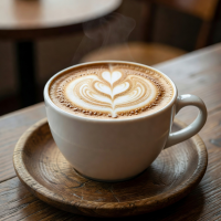 A rich cappuccino with foam art served on a wooden saucer