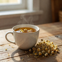 A warm cup of chamomile tea with dried flowers beside it