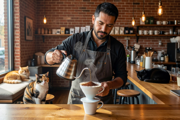 Alex Rivera, head barista at Urban Cat Café, preparing specialty coffee