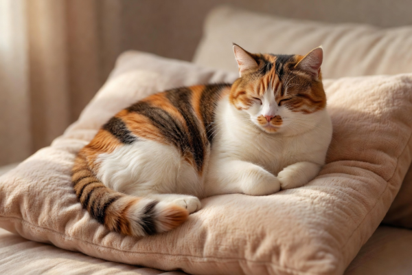Biscuit, a plump calico cat relaxing on a warm pillow