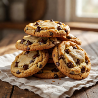 Chewy chocolate chip cookies stacked on a napkin