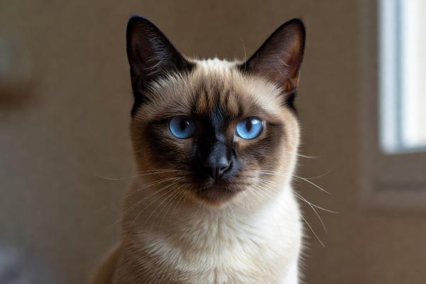 Cleo, a beautiful siamese cat with piercing blue eyes gazing directly at the camera