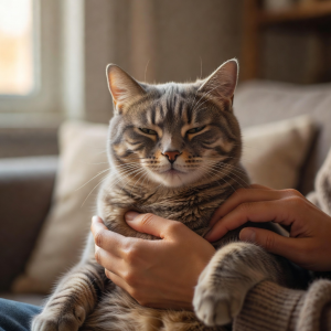 Close-up of a content cat being held gently by an adopter