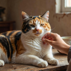 Close-up of an adorable calico cat being gently petted by a visitor