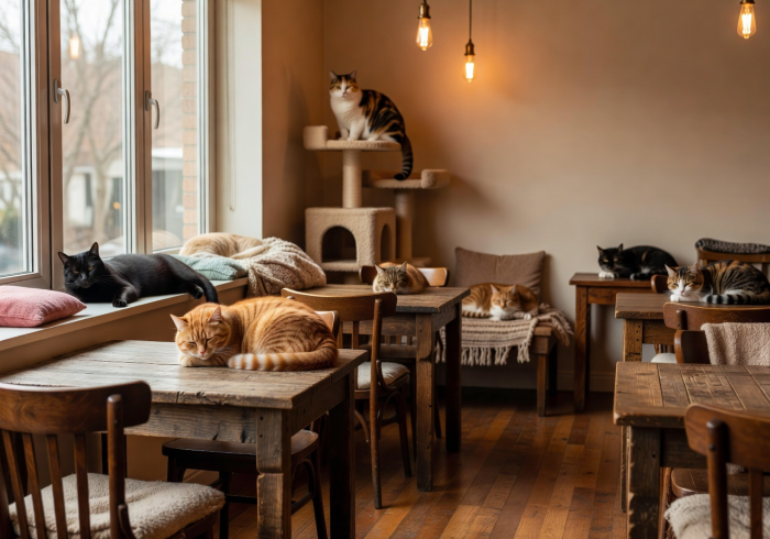 Cozy interior of Urban Cat Café with warm lighting, wooden tables, and cats lounging