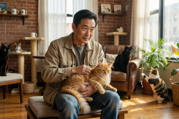 Dr. Sam Park, veterinary advisor at Urban Cat Café, with a cat