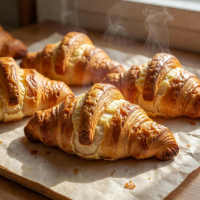 Golden flaky butter croissants freshly baked on parchment paper