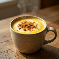 Golden turmeric latte with cinnamon dusting in a ceramic mug