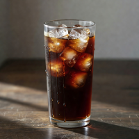 Iced cold brew coffee in a tall glass with ice cubes