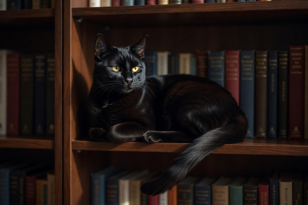 Luna, a sleek black cat with golden eyes resting elegantly on a bookshelf