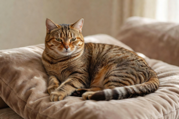 Maple, a sweet brown tabby cat resting with half-closed eyes on a soft surface