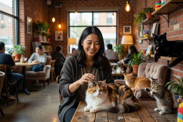 Maya Chen, founder and head of Urban Cat Café, smiling warmly