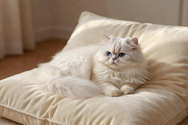 Mochi, a fluffy white Persian cat with bright blue eyes relaxing on a cushion