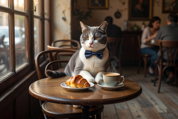 Oliver, a distinguished grey and white cat wearing a tiny bow tie at the café