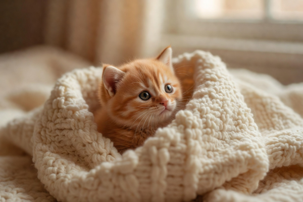 Peaches, an adorable orange kitten with large curious eyes peeking from a blanket