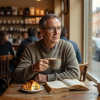 Portrait of James L., a regular café visitor wearing glasses