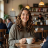 Portrait of Sarah M., a happy café visitor with brown hair