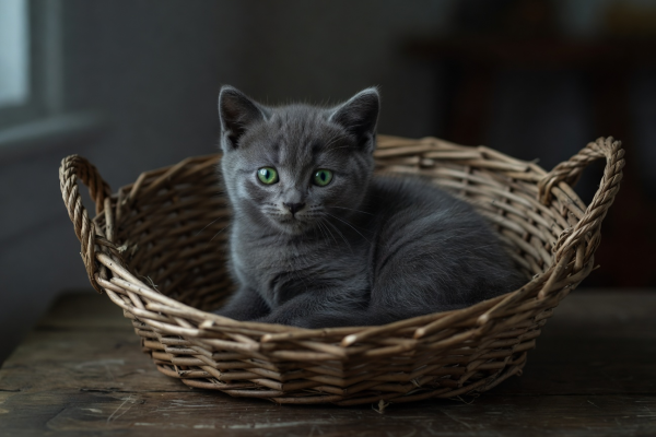 Shadow, a tiny grey kitten with bright green eyes sitting in a basket