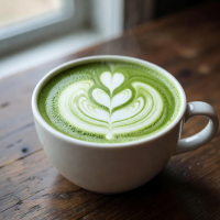 Vibrant green matcha latte in a white cup with foam art