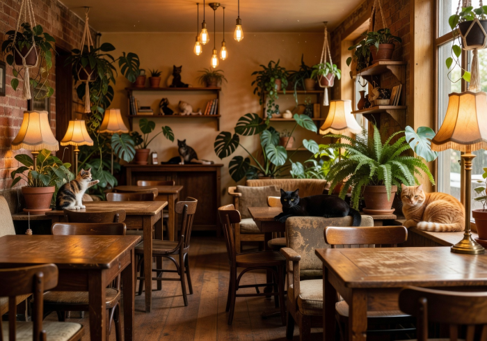 Warm interior of Urban Cat Café showing wooden furniture, plants, and ambient lighting