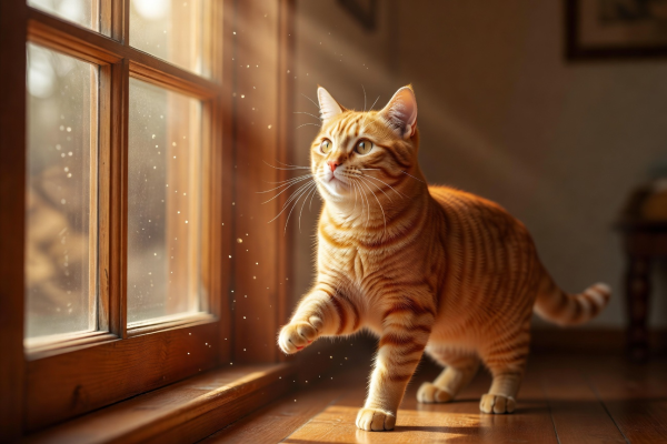 Whiskers, a playful ginger tabby cat sitting near a window in warm sunlight